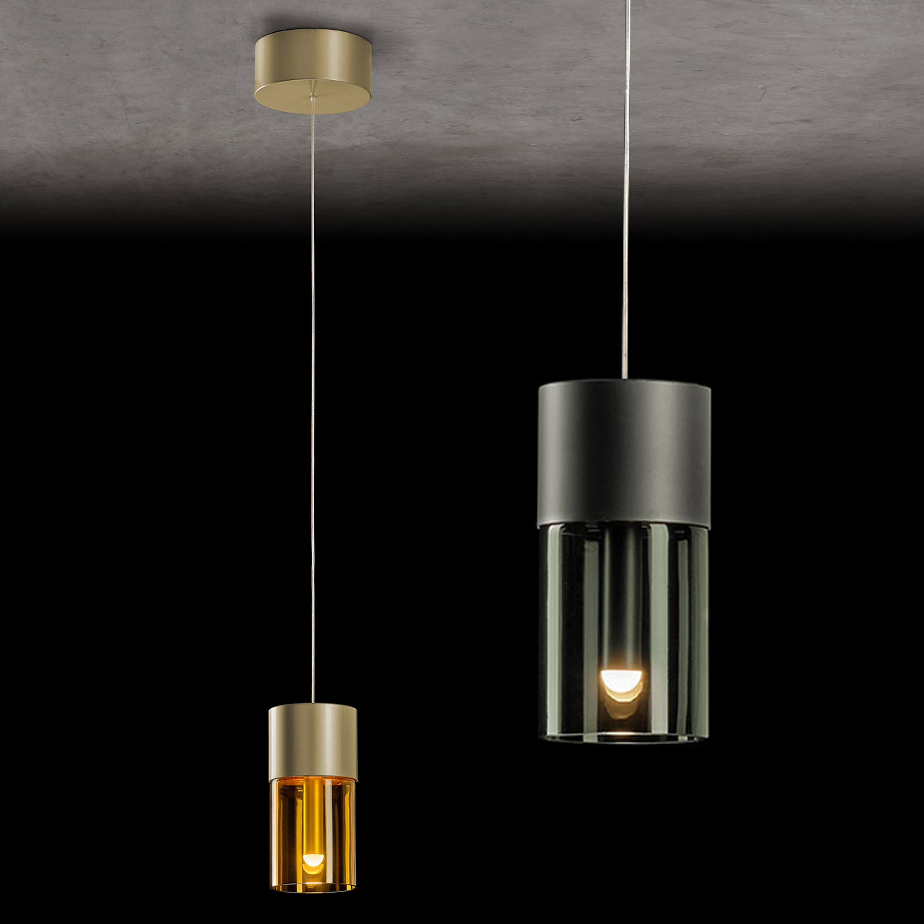 Modern LED pendant light AURA with cylindric glass shade, adjustable height