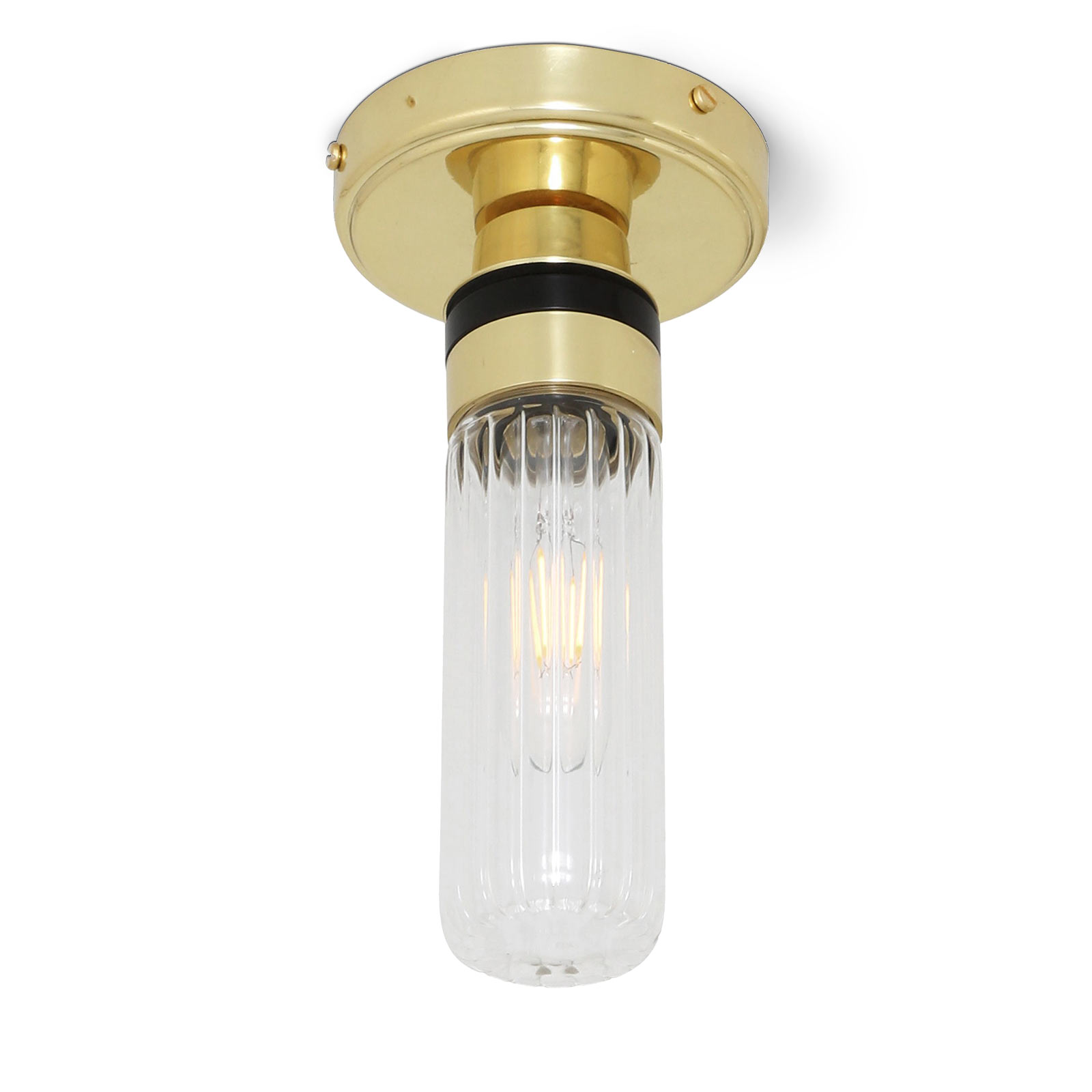 Bad-Deckenlampe mit kleinem Glas-Zylinder (klar oder prismatisch), IP65: Kleine Badezimmer-Deckenlampe mit Glas-Zylinder, hier: Messing poliert, „prismatisch“ gerilltes Glas