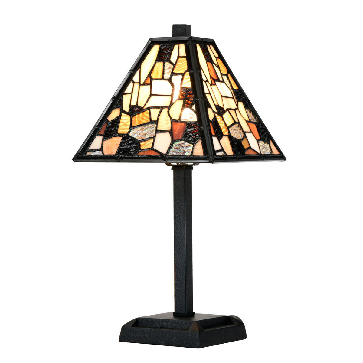 Small table light with irregular, colourful Tiffany glass shade